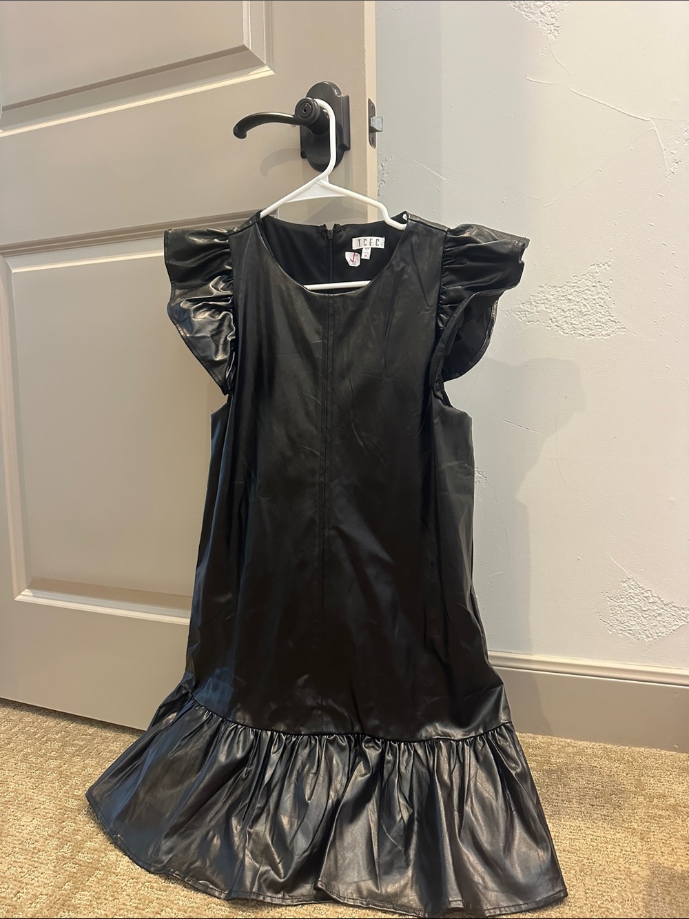 TCEC Black Faux-Leather Mini Dress with Ruffle Hem and Puff Cap Sleeves